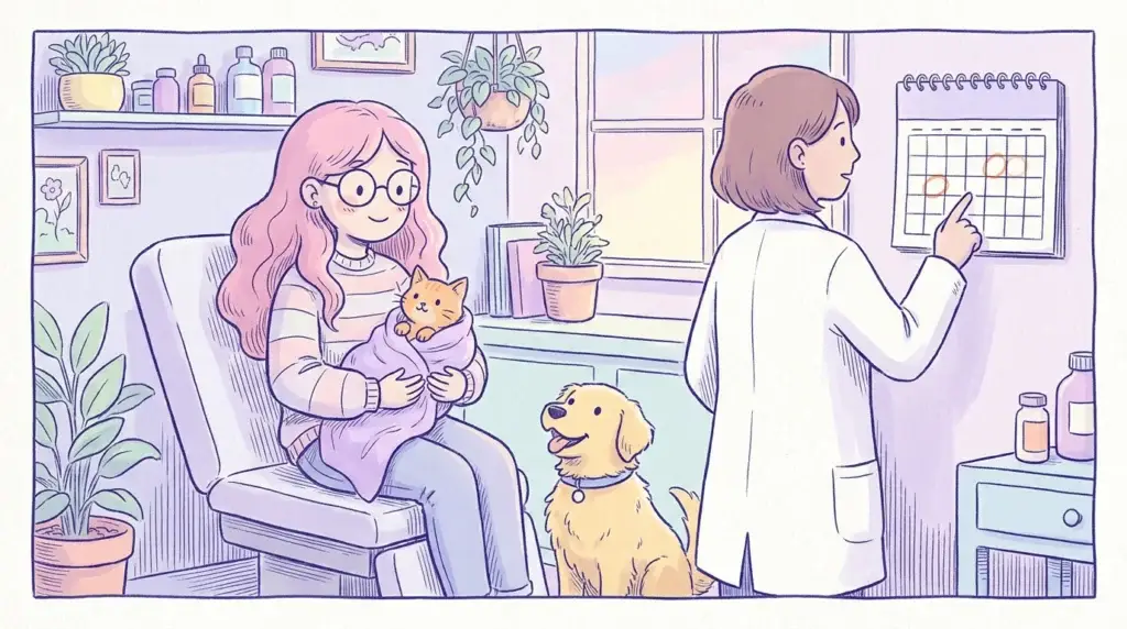 Ilustración de una mujer de pelo rosa y gafas redondas con un gatito naranja en brazos y un cachorro golden retriever en la consulta veterinaria, mientras la veterinaria señala un calendario
