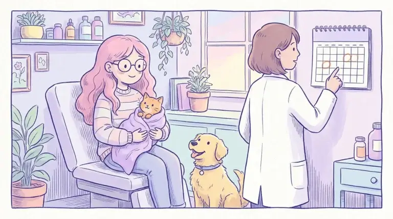Ilustración de una mujer de pelo rosa y gafas redondas con un gatito naranja en brazos y un cachorro golden retriever en la consulta veterinaria, mientras la veterinaria señala un calendario