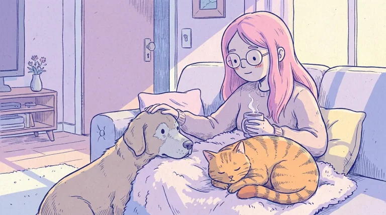 Ilustración de un golden retriever de hocico canoso y un gato naranja mayor durmiendo juntos sobre una manta mientras una mujer de pelo rosa los acaricia con una taza de té en la mano