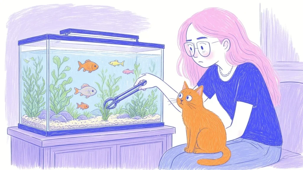 Ilustración de una mujer de pelo rosa instalando plantas en un acuario con peces de colores pastel mientras un gato naranja observa