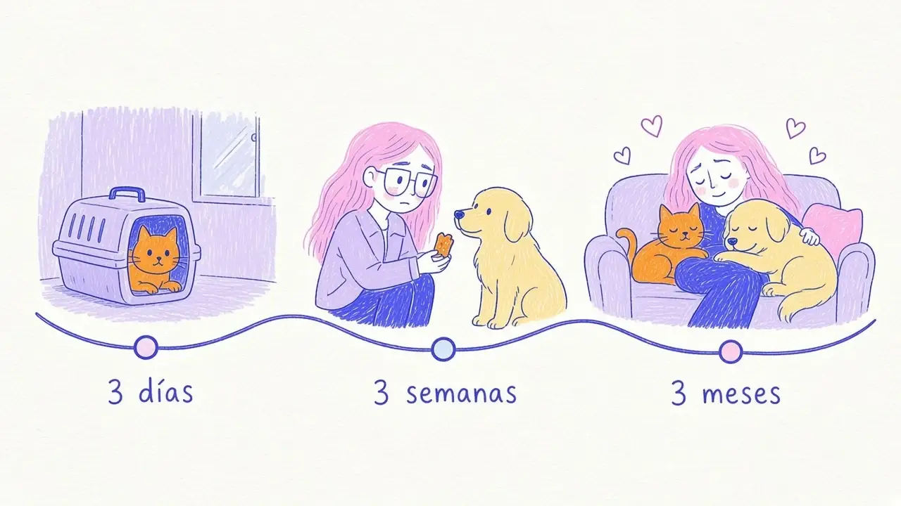 Infografía ilustrada con tres etapas de adaptación: tres días, tres semanas y tres meses