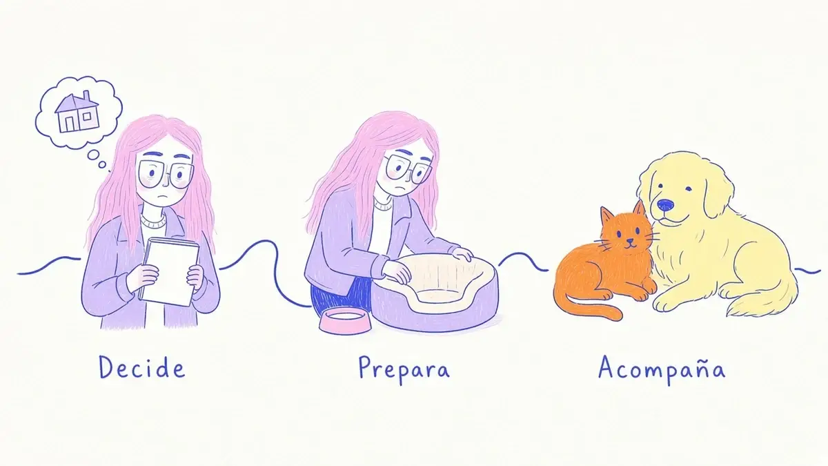 Infografía ilustrada con tres pasos: decidir, preparar la casa y acompañar la adaptación