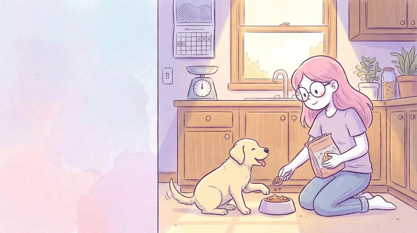 Ilustración: mila sirve una pequeña ración de croquetas en un plato para un cachorro labrador crema juguetón en una cocina luminosa, con una báscula de cocina y un calendario en la pared