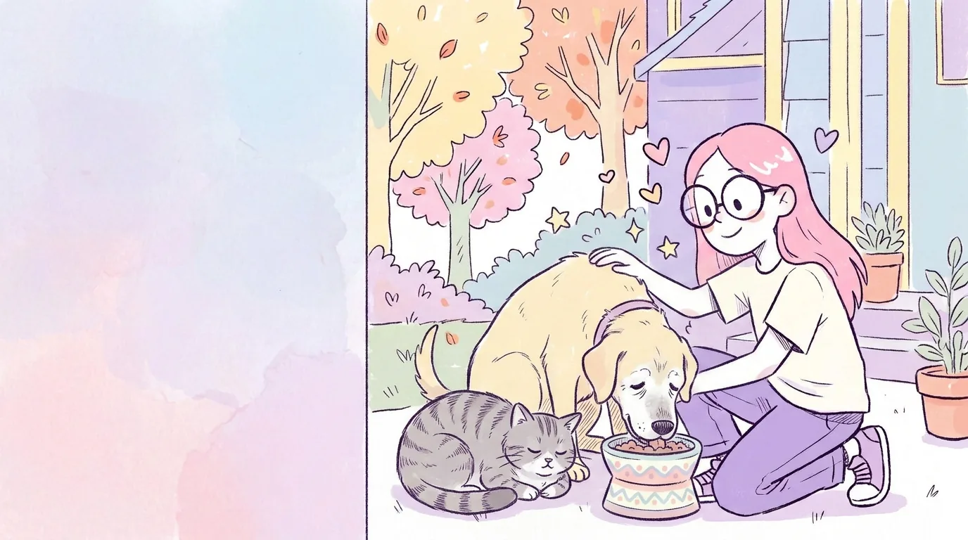 Ilustración: una labradora mayor de hocico canoso come despacio de un plato elevado mientras Mila la acaricia; un gato gris mayor duerme cerca