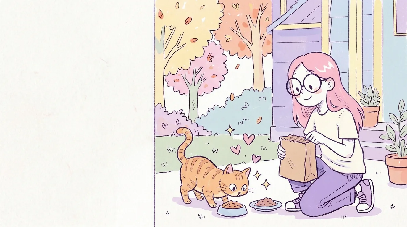 Ilustración: gato naranja huele dos platos distintos (croquetas y comida húmeda) mientras Mila revisa la bolsa sin texto