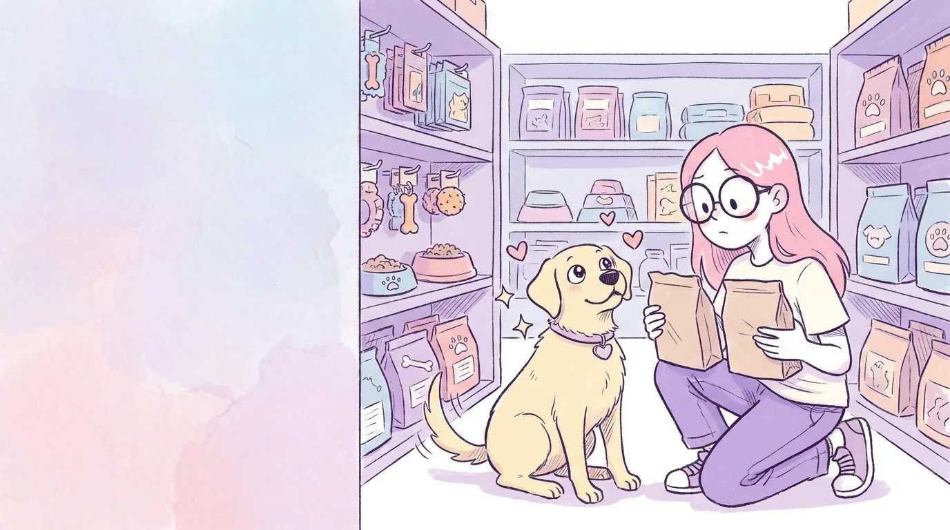 Ilustración: mila compara dos bolsas de croquetas sin texto en la tienda mientras Térra la mira esperando