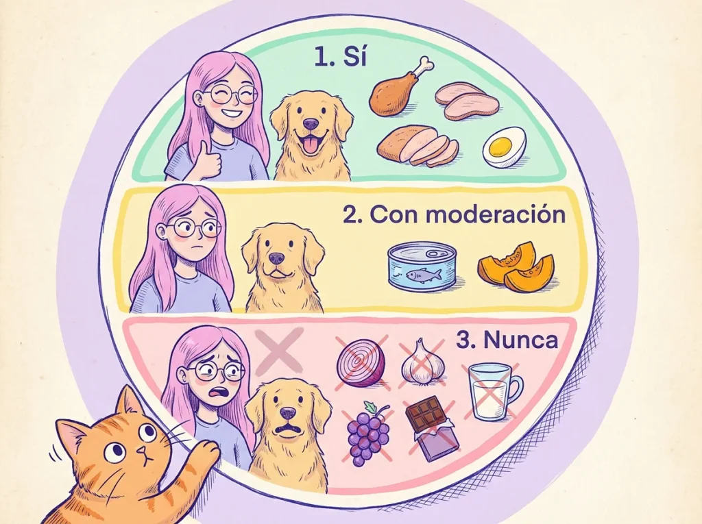 Alimentos para gatos: sí, con moderación y nunca Infografía de un plato dividido en tres secciones: sí (pollo, pavo y huevo cocido), con moderación (atún y calabaza) y nunca (cebolla, ajo, uvas, chocolate y leche), con un gato naranja olfateando
