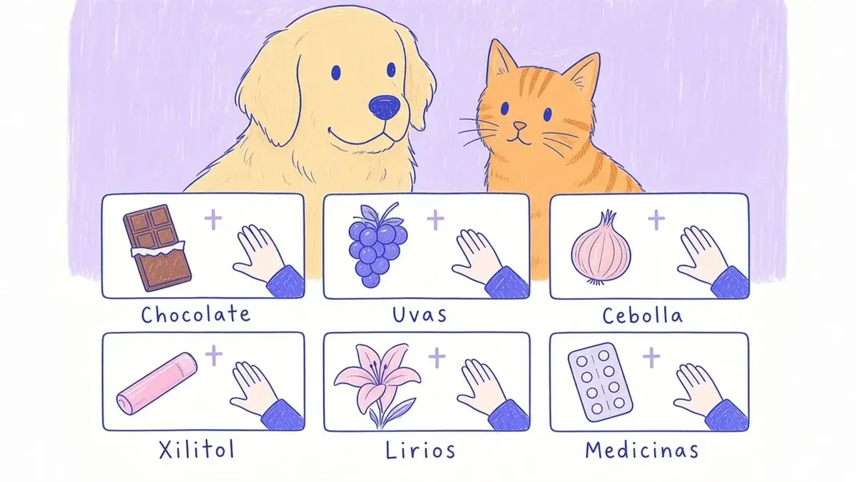 Infografía ilustrada con seis iconos de alimentos y plantas peligrosos para perros y gatos, con una cruz suave sobre cada uno