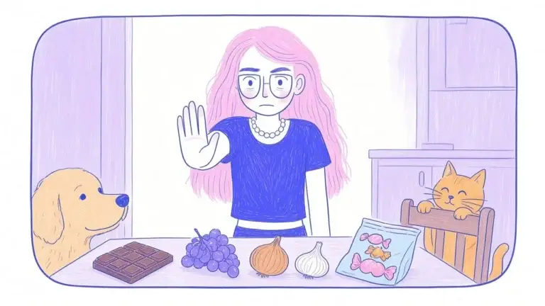 Ilustración de una mesa de cocina con chocolate, uvas, cebolla y ajo, y un golden retriever y un gato naranja mirando con curiosidad