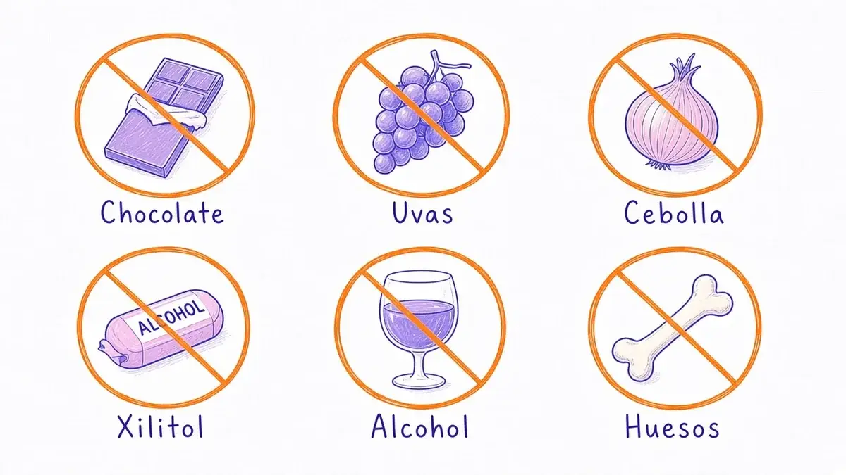 Alimentos que no debes darle a tu perro o gato Infografía ilustrada con seis alimentos tóxicos en cuadrículas: chocolate, uvas, cebolla, xilitol, alcohol y huesos