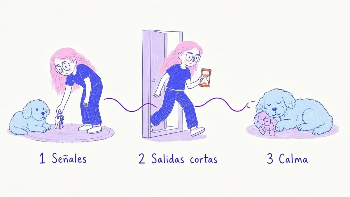 Infografía ilustrada con tres pasos para acostumbrar a un perro a quedarse solo: señales, salidas cortas y calma