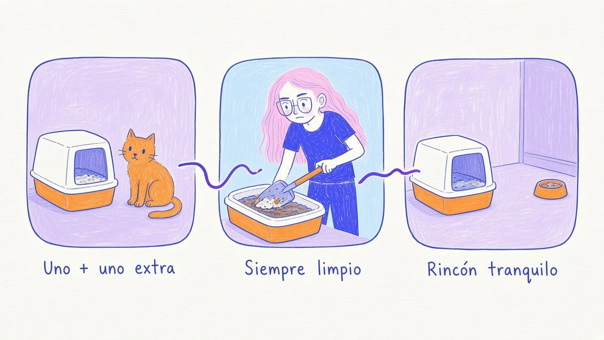 Infografía ilustrada con tres reglas del arenero: uno por gato más uno, limpio y en un lugar tranquilo