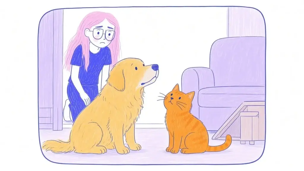 Ilustración de un perro golden retriever canoso y un gato naranja mayor mirando con vacilación hacia un sofá alto