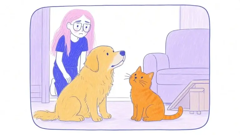 Ilustración de un perro golden retriever canoso y un gato naranja mayor mirando con vacilación hacia un sofá alto