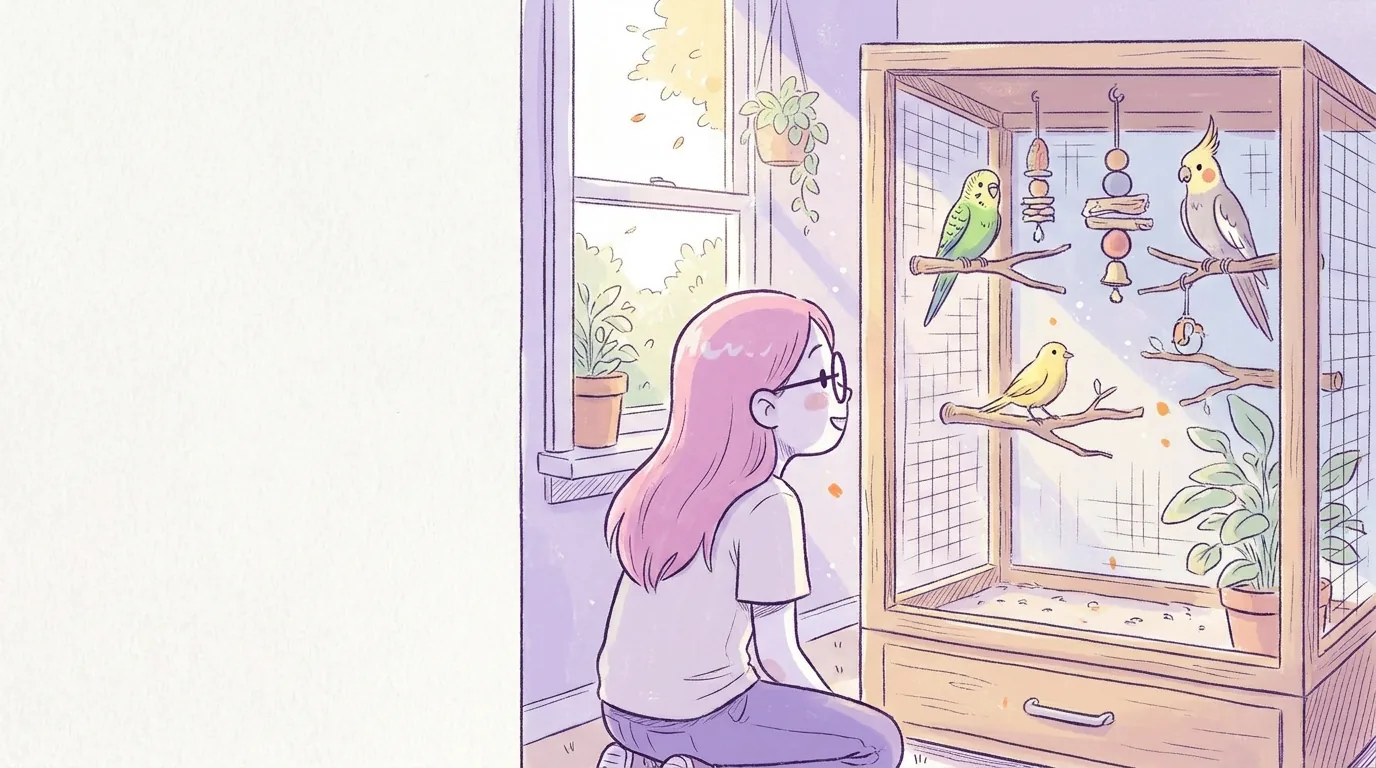 Ilustración: varias aves (un periquito, un canario, una cacatúa ninfa) en una pajarera amplia y luminosa junto a una ventana, Mila las observa