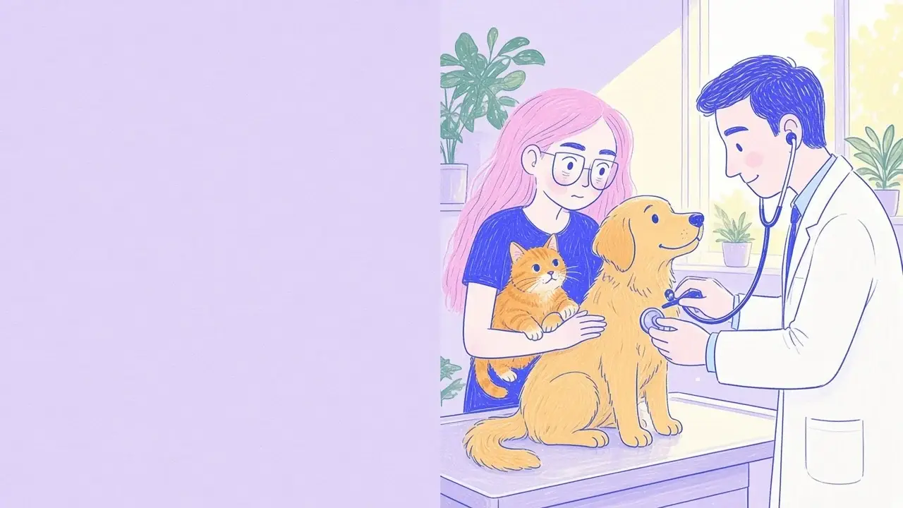 Ilustración de un veterinario escuchando con un estetoscopio a un golden retriever mientras una mujer de pelo rosa con gafas sostiene a un gato naranja