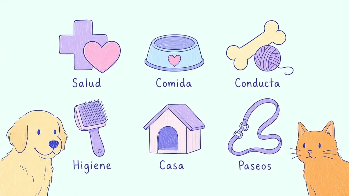 Infografía ilustrada con seis iconos de categorías: salud, comida, conducta, higiene, casa y paseos