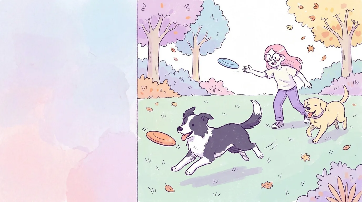 Ilustración: un border collie blanco y negro corre ágil persiguiendo un frisbee en un campo verde pastel mientras Mila lanza otro