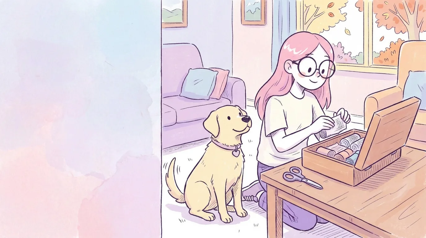 Ilustración: mila organiza un botiquín abierto con gasas, vendas y tijeras sobre la mesa, Térra mira atenta; sin cruces rojas ni texto