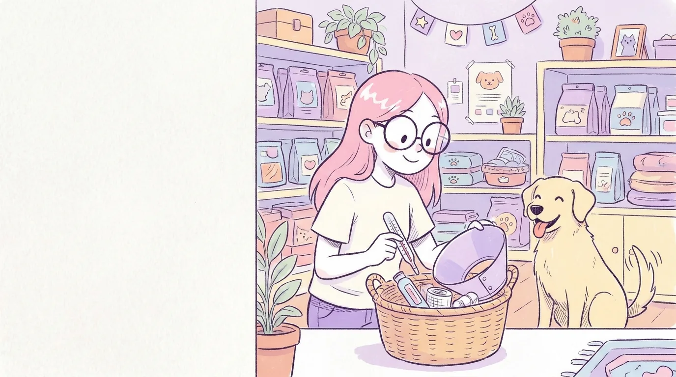 Ilustración: mila en una tienda de mascotas llena una canasta con gasas, termómetro y collar isabelino, Térra la acompaña