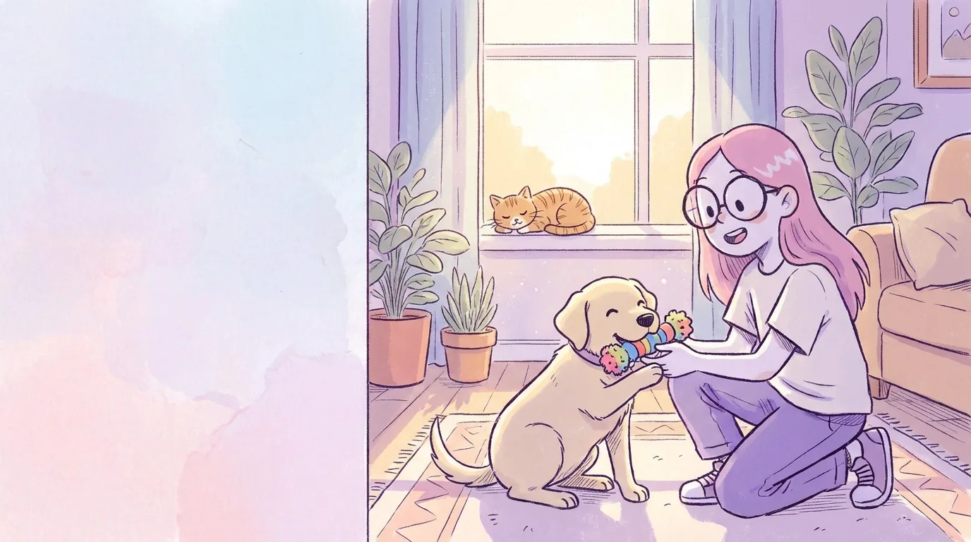 Ilustración: un cachorro labrador mordisquea una mordedera de goma que Mila le ofrece en lugar de su mano, en una sala soleada