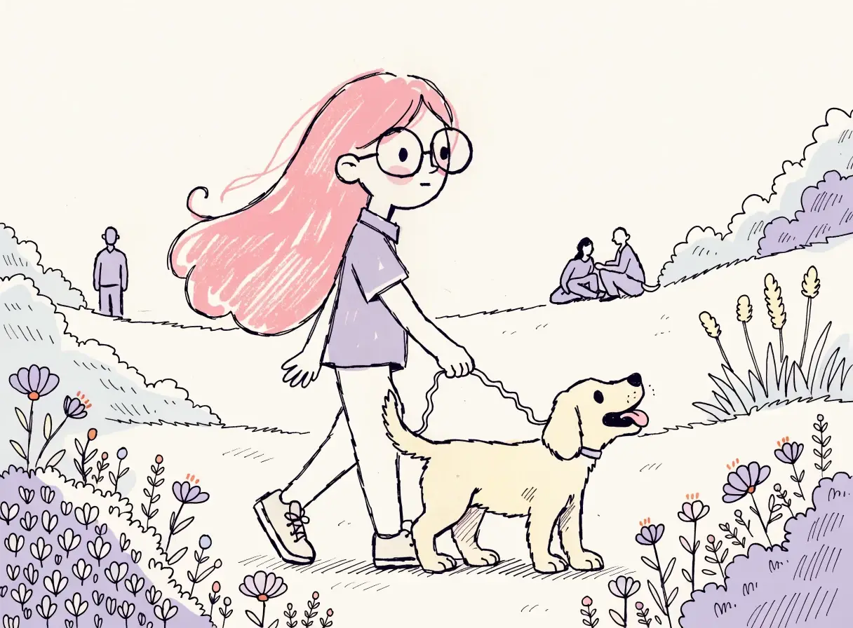 Ilustración de la niña de pelo rosa paseando a Térra, labradora cachorra crema, en un parque pastel