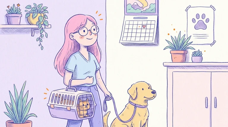 Ilustración de una mujer de pelo rosa en la sala de espera de una clínica veterinaria con su gato naranja en una transportadora y su golden retriever con correa, mirando un calendario con un día marcado con un corazón