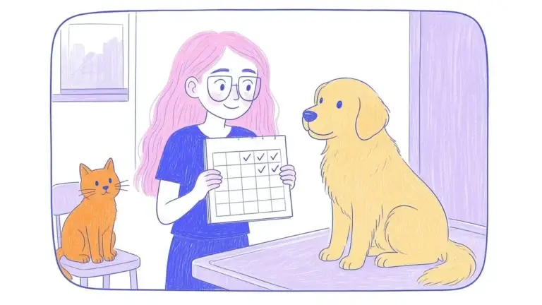 Ilustración de una veterinaria de bata revisando con calma a un golden retriever sentado sobre una camilla