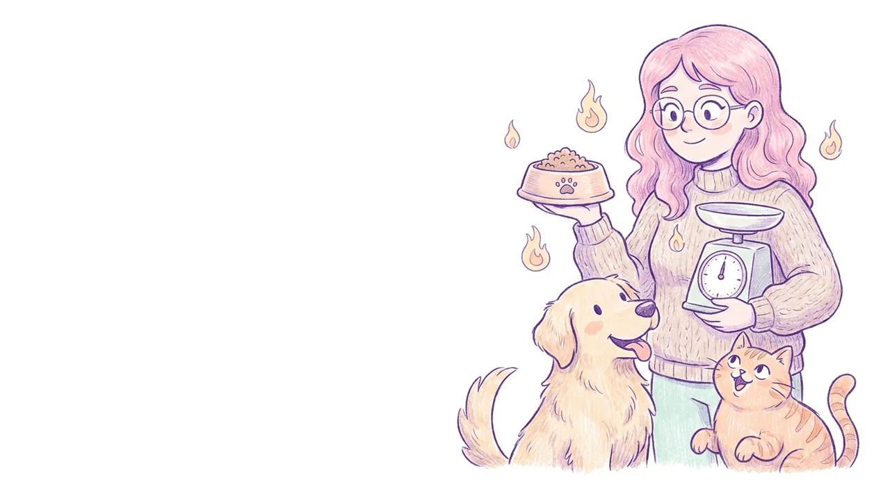 Ilustración de una mujer de pelo rosa con gafas que sostiene un plato de comida y una balanza junto a un golden retriever y un gato naranja