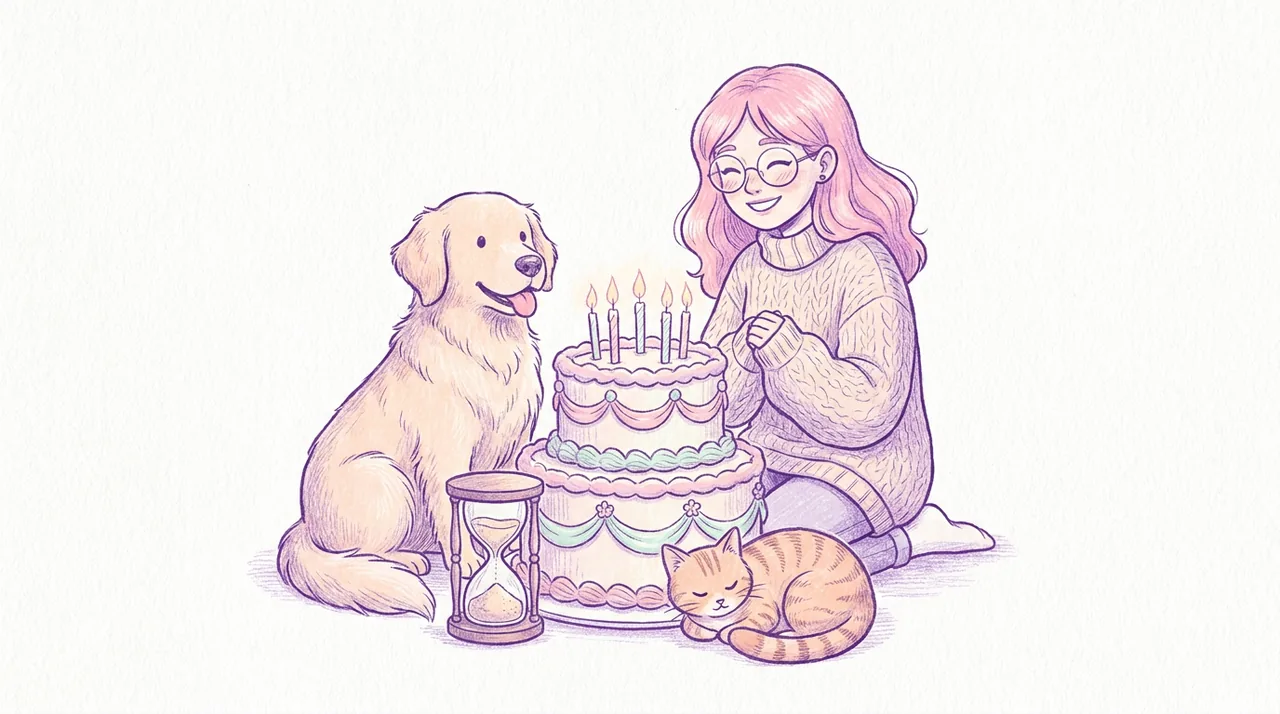 Ilustración de un golden retriever y un gato naranja junto a una gran torta de cumpleaños con velas y un reloj de arena