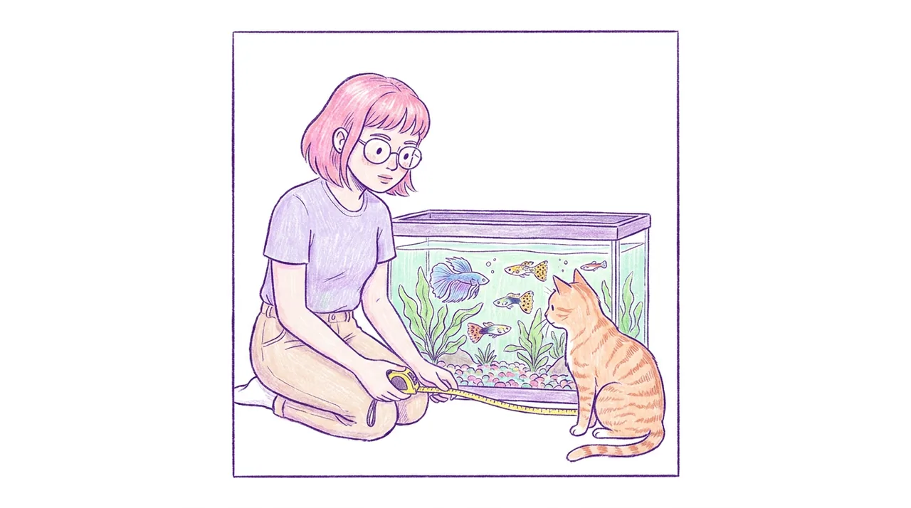 Ilustración de un acuario con plantas y peces de colores, una cinta métrica y una mujer de pelo rosa midiendo el tanque