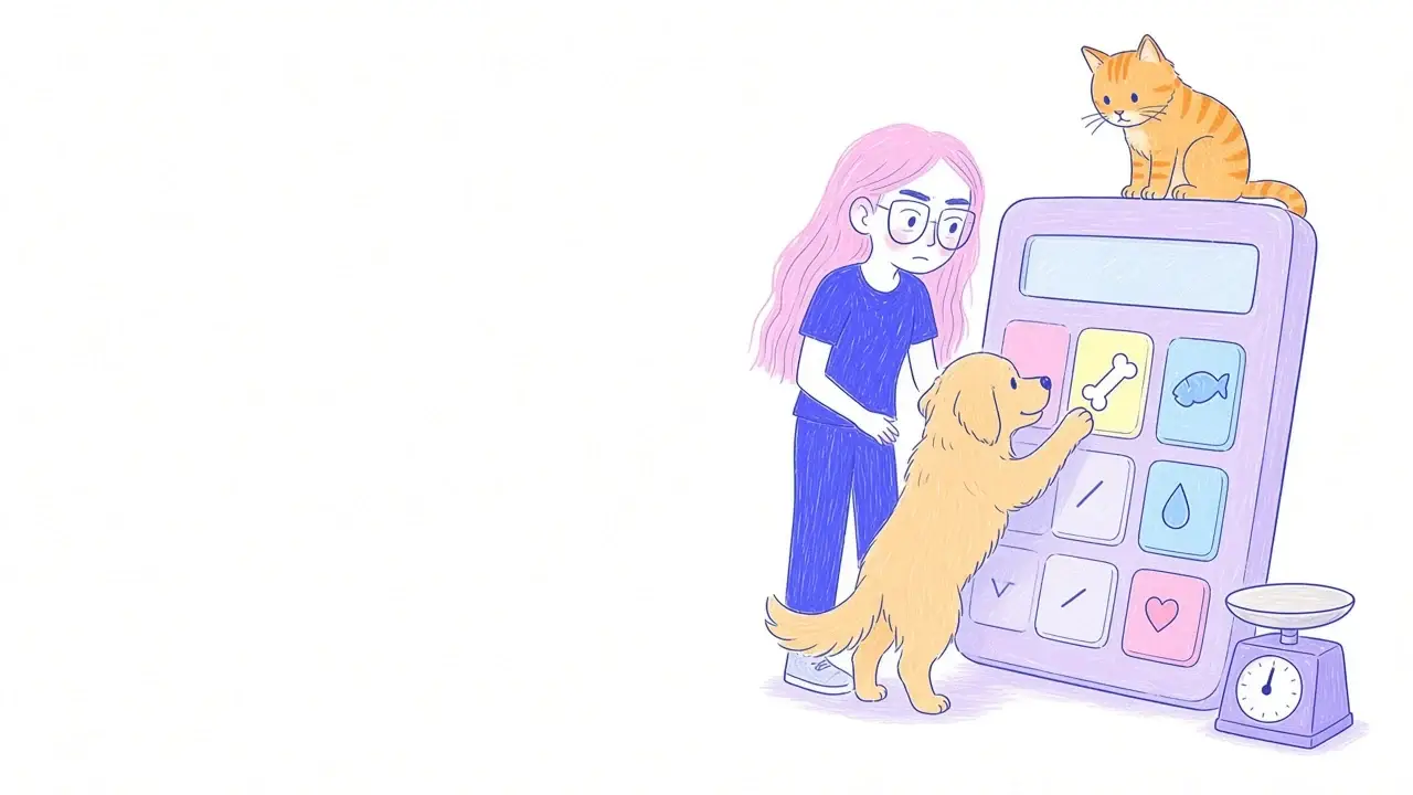 Ilustración de una mujer de pelo rosa con gafas usando una calculadora gigante junto a un golden retriever y un gato naranja