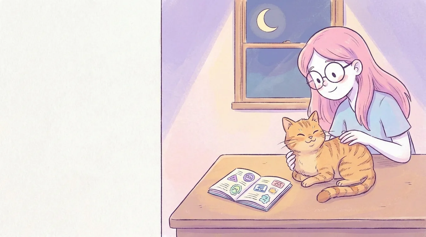 Ilustración: gato naranja en una mesa de consulta veterinaria amable mientras Mila le acaricia; una cartilla de vacunas abierta con sellos sin texto