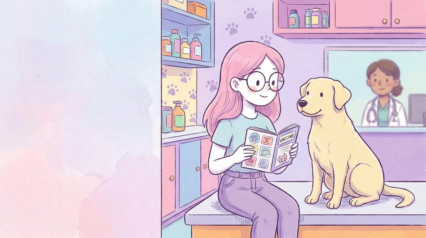 Ilustración: térra sentada tranquila en una clínica veterinaria colorida mientras Mila sostiene su cartilla de vacunas con sellos sin texto