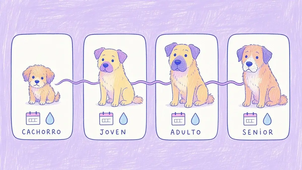 Infografía ilustrada con una línea del tiempo de cuatro etapas de vida de un perro: cachorro, joven, adulto y senior