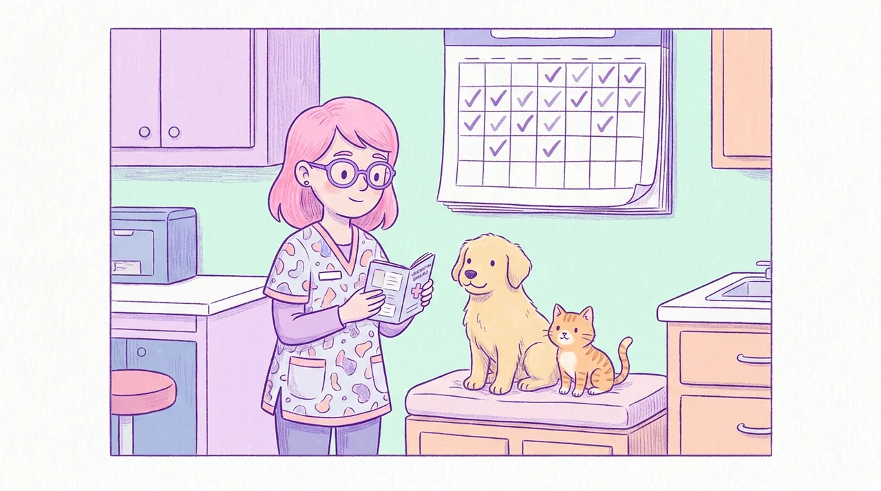 Ilustración de una veterinaria sonriente con un cachorro y un gatito junto a un calendario con fechas marcadas y una libreta de vacunas