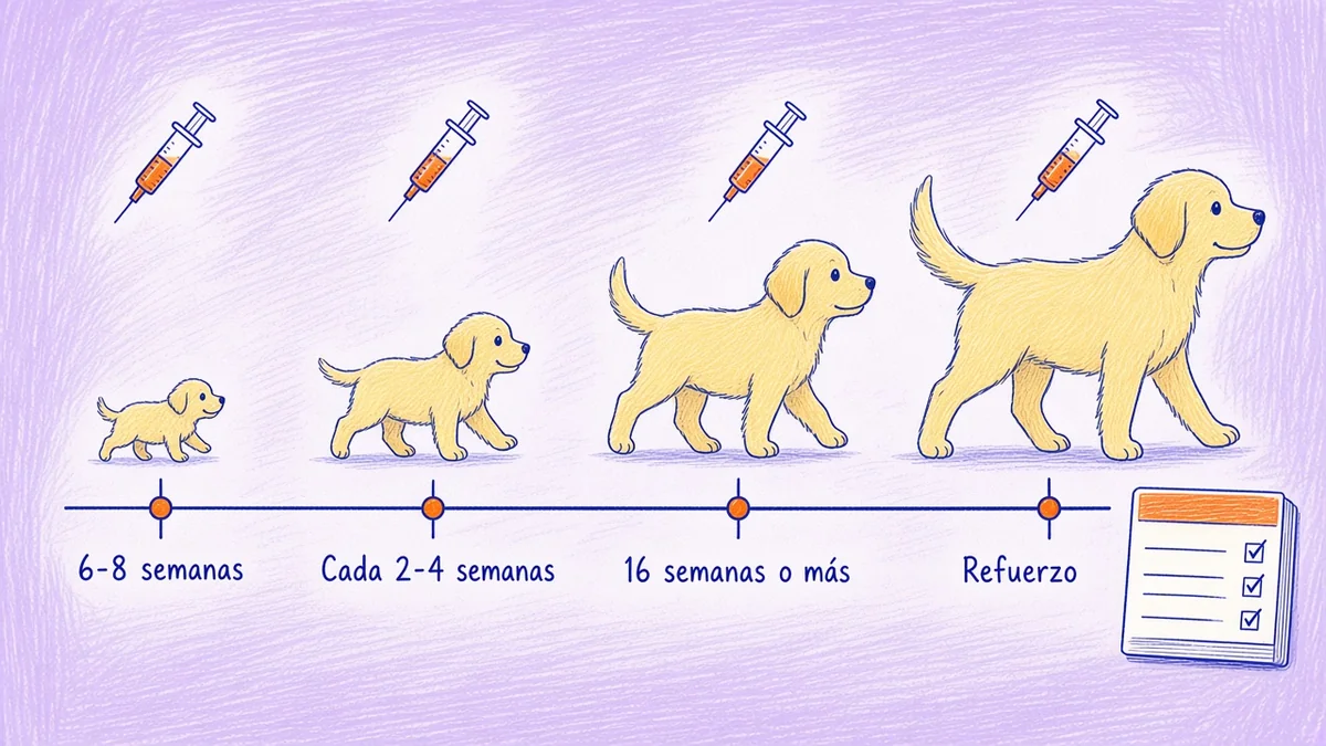 Línea de tiempo orientativa de las vacunas del cachorro Infografía ilustrada con una línea de tiempo de varias dosis de vacunas desde las 6 semanas hasta los 6 meses