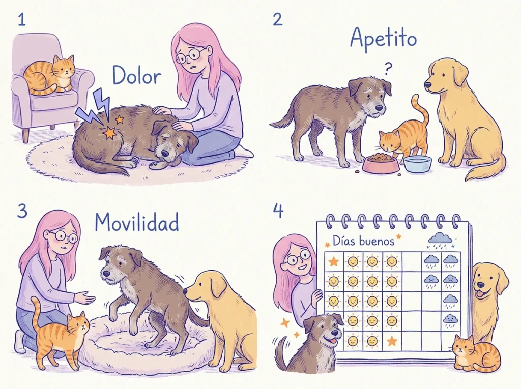 Infografía con cuatro aspectos de la calidad de vida de una mascota mayor: dolor, apetito, movilidad y días buenos frente a días malos