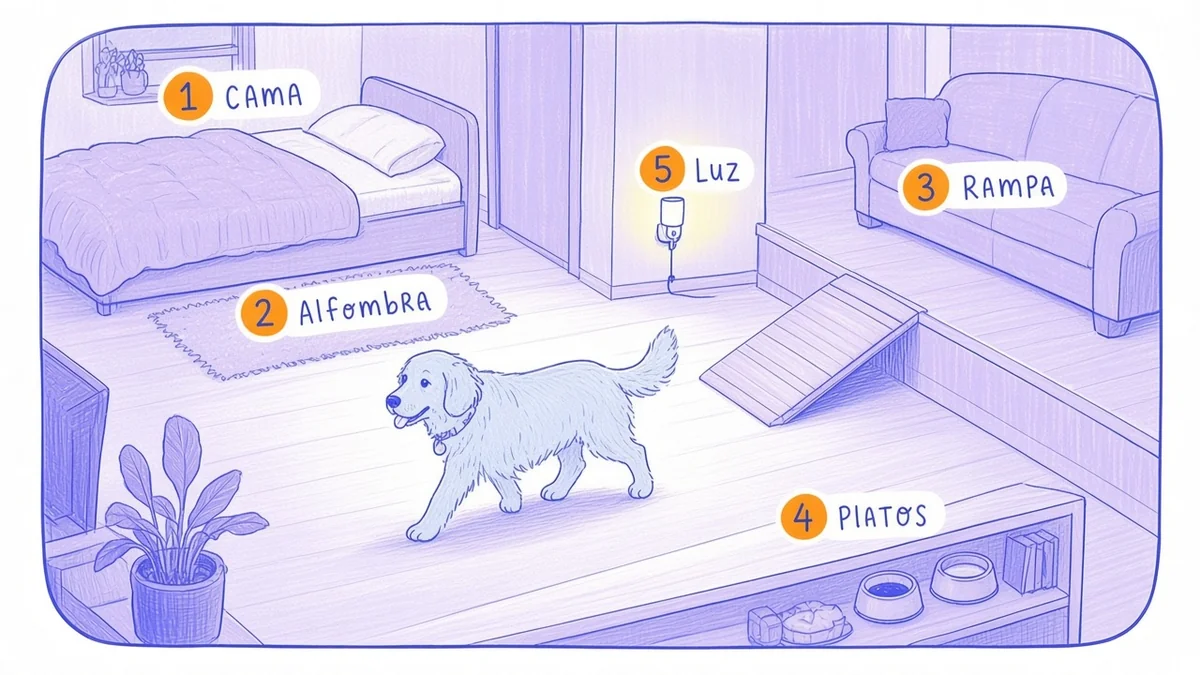 Una casa más cómoda para un perro senior Infografía ilustrada con cinco adaptaciones del hogar para un perro mayor: cama firme, alfombra, rampa, comida accesible y luz de noche