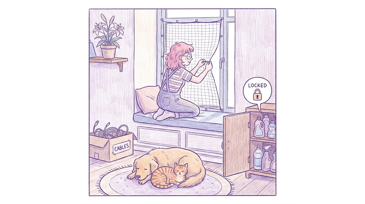 Ilustración de una casa vista en corte con un perro y un gato, donde se señalan peligros como plantas tóxicas, cables y productos de limpieza