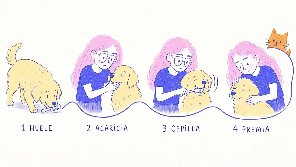 Infografía ilustrada con cuatro pasos para acostumbrar a una mascota al cepillado de dientes