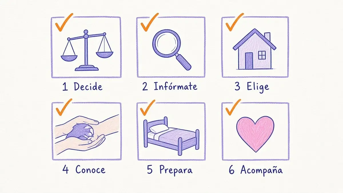 Checklist para adoptar una mascota Infografía ilustrada con seis pasos numerados para adoptar un perro o un gato