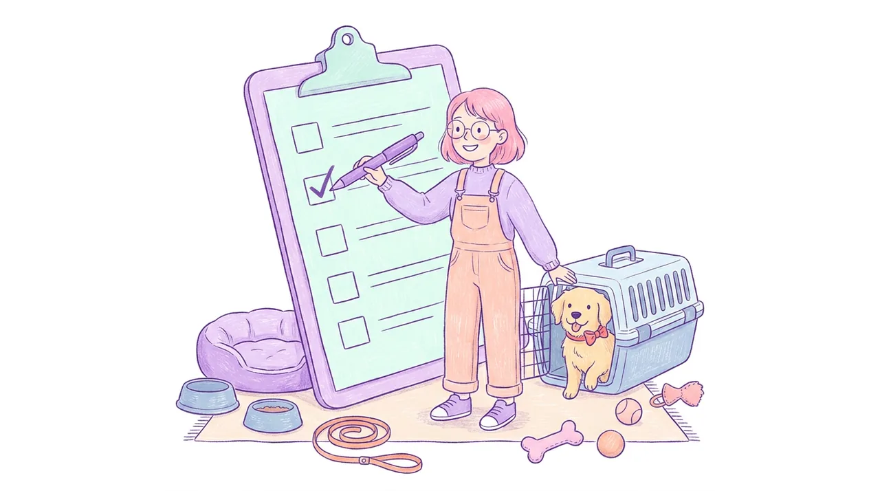 Ilustración de una mujer de pelo rosa marcando una lista junto a una cama, platos, juguetes y una transportadora preparados para un cachorro y un gatito