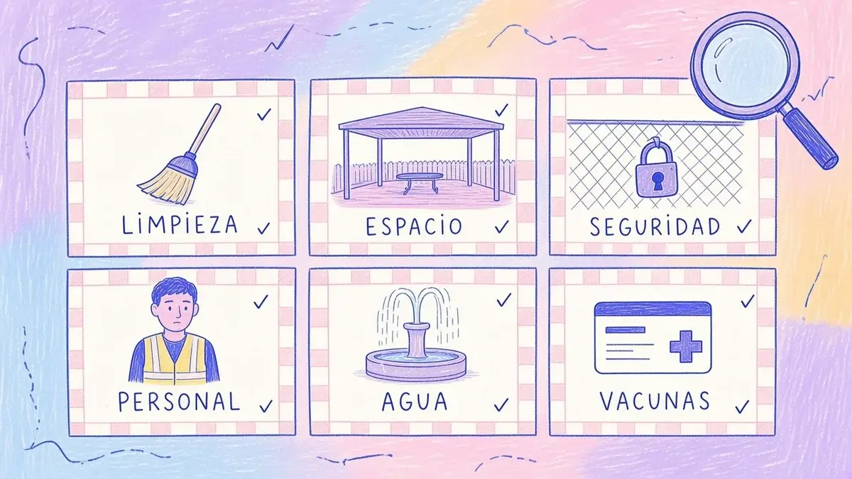 Checklist para visitar una guardería de perros Infografía ilustrada con seis puntos para revisar en una guardería: limpieza, espacio, seguridad, personal, agua y requisitos de salud
