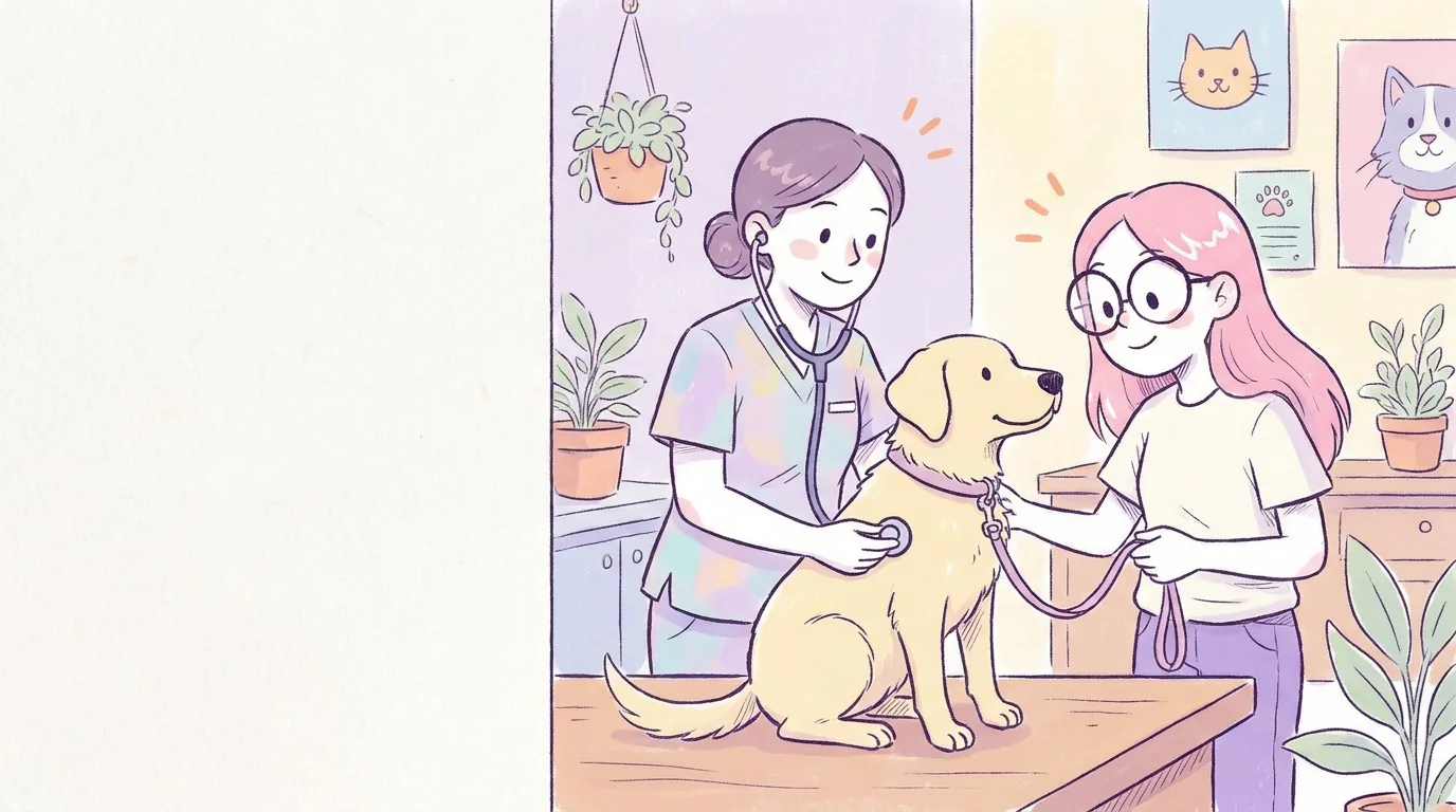 Ilustración: veterinaria amable con estetoscopio revisa a Térra sobre la mesa de consulta, Mila sostiene la correa; ambiente cálido
