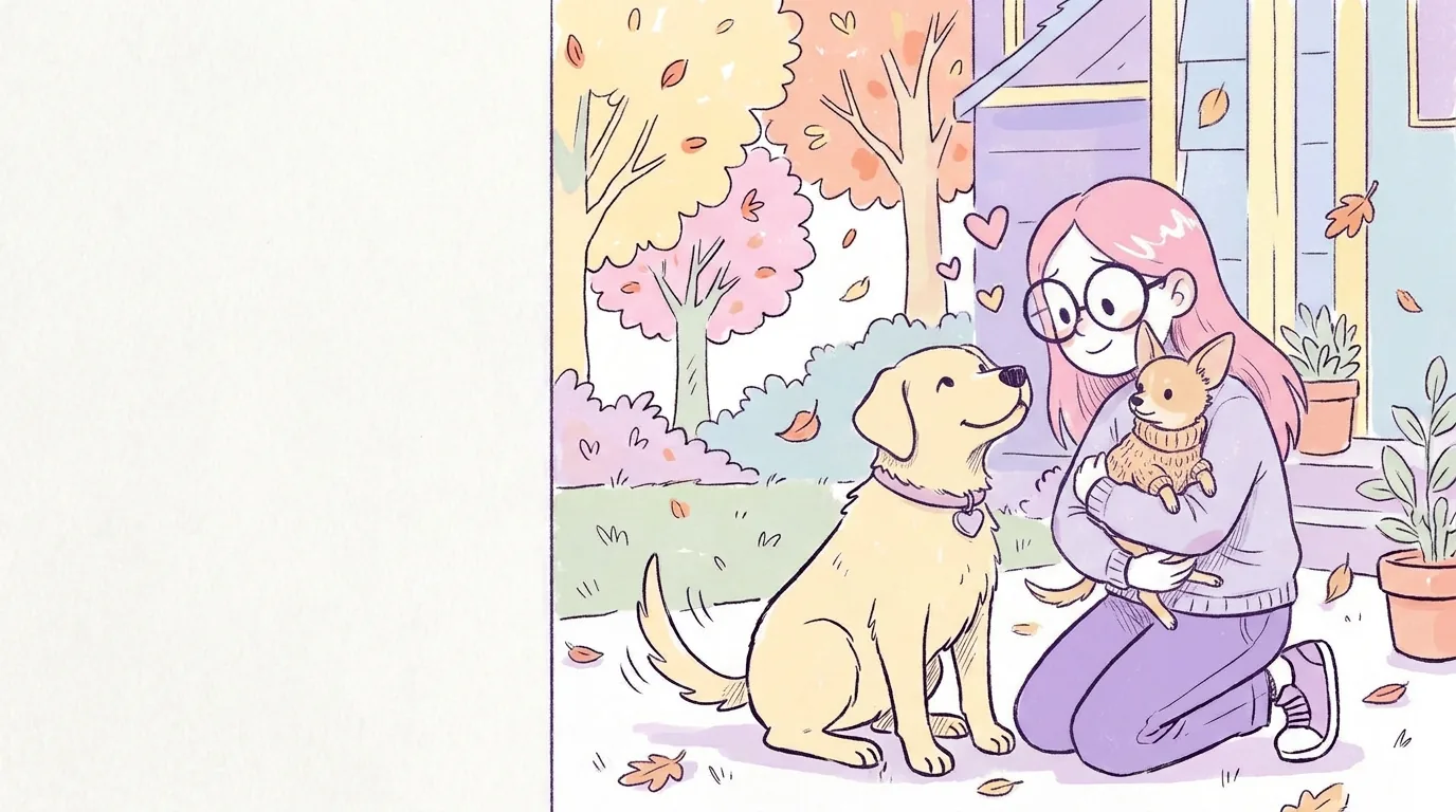 Ilustración: un chihuahua pequeño de color canela con un suéter tejido en brazos de Mila, Térra lo mira curiosa