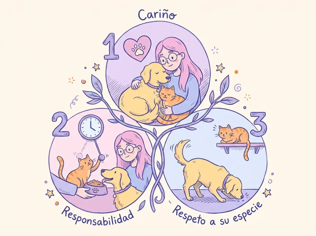Infografía con tres claves de una familia multiespecie: cariño, responsabilidad y respeto a las necesidades de cada especie