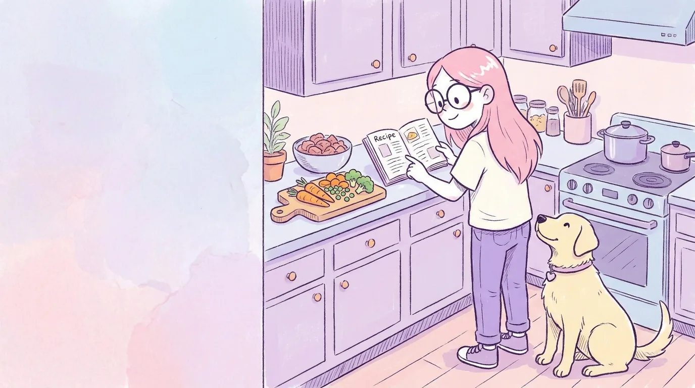 Ilustración: mila en la cocina con una tabla de verduras cocidas y carne cocida en un tazón, mirando una libreta; Térra observa atenta