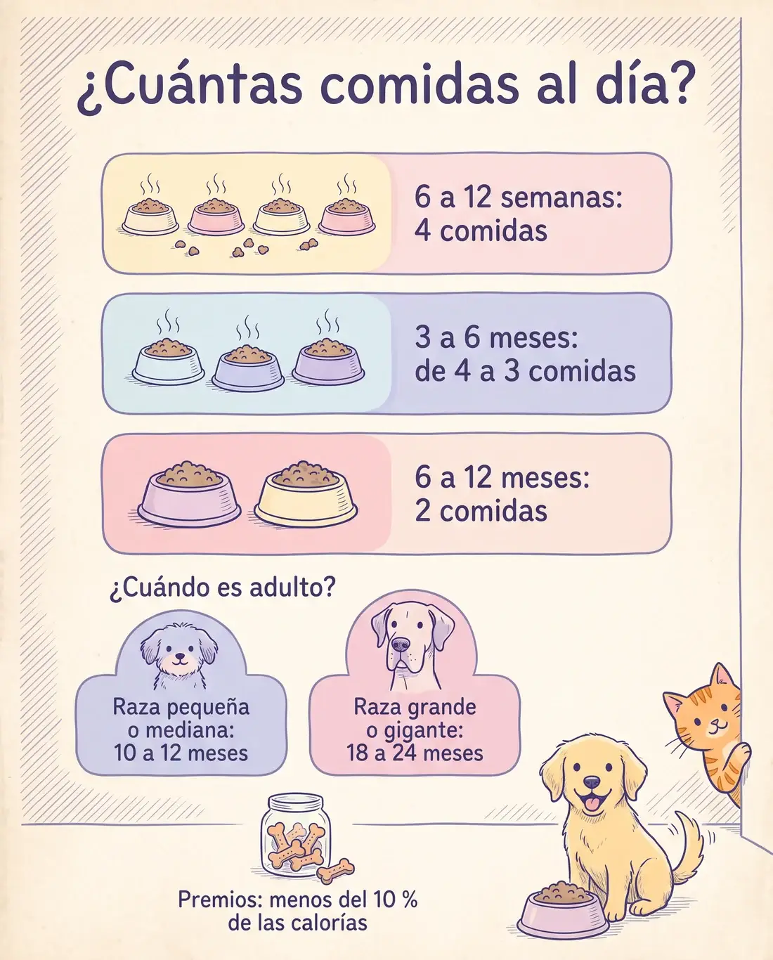 Comidas al día de un cachorro según su edad Infografía: de 6 a 12 semanas 4 comidas, de 3 a 6 meses de 4 a 3 comidas, de 6 a 12 meses 2 comidas; adulto a los 10 a 12 meses en razas pequeñas o medianas y a los 18 a 24 meses en grandes o gigantes; premios menos del 10 % de las calorías