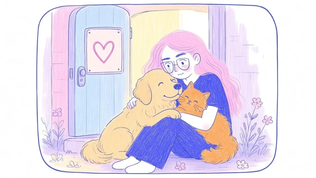 Ilustración de una mujer de pelo rosa y gafas abrazando a un golden retriever y un gato naranja frente a la puerta de un refugio